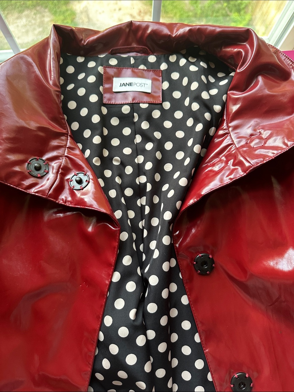 Jane Post Red Wine Patent Trench Coat